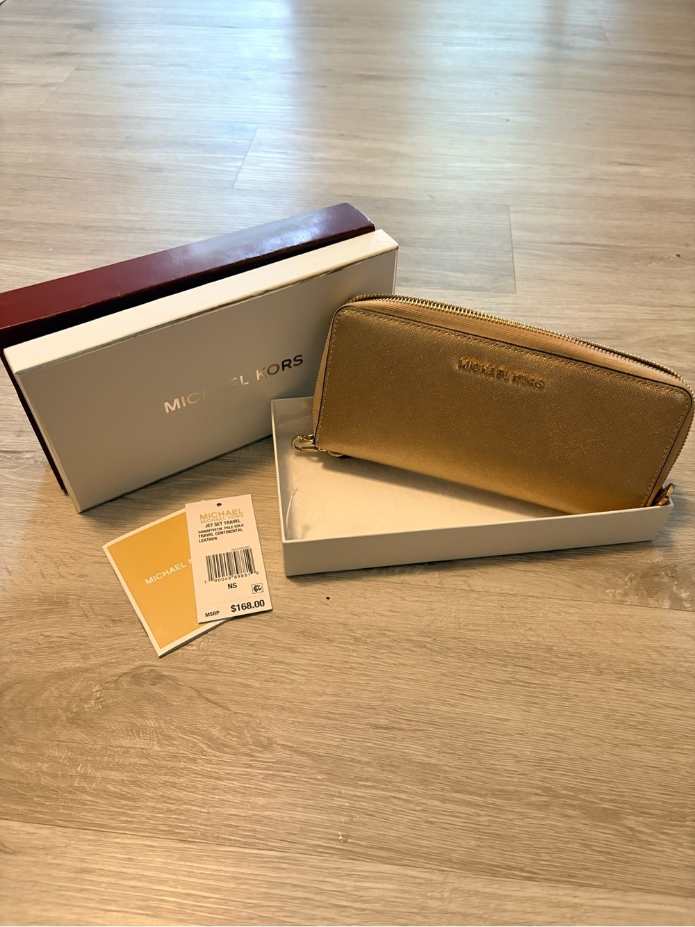 Michael Kors Gold Saffiano Zip Wallet with Box